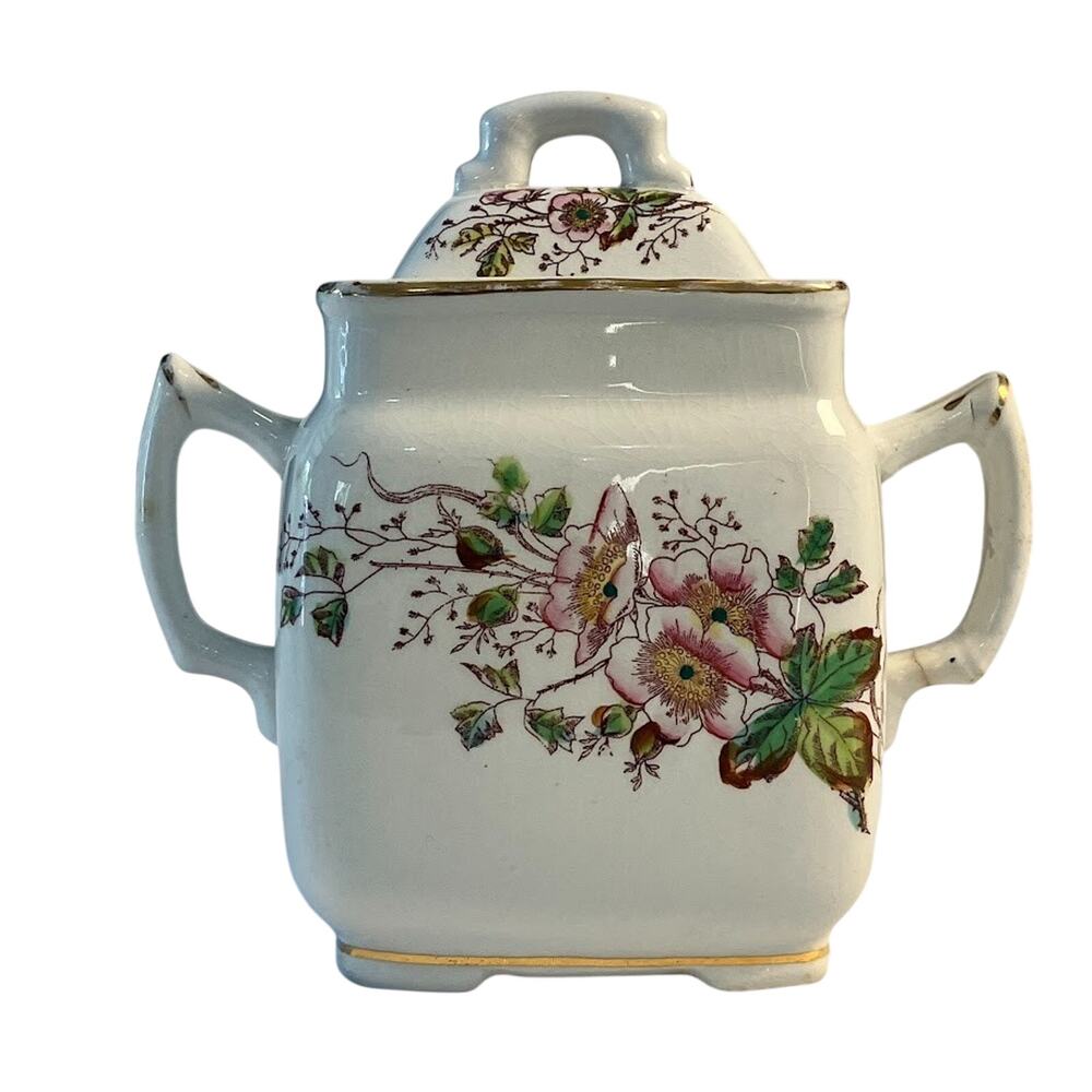 Vintage ROYAL IRONSTONE CHINA Alfred Meakin Floral Gold Rim 6” Sugar Bowl & Lid